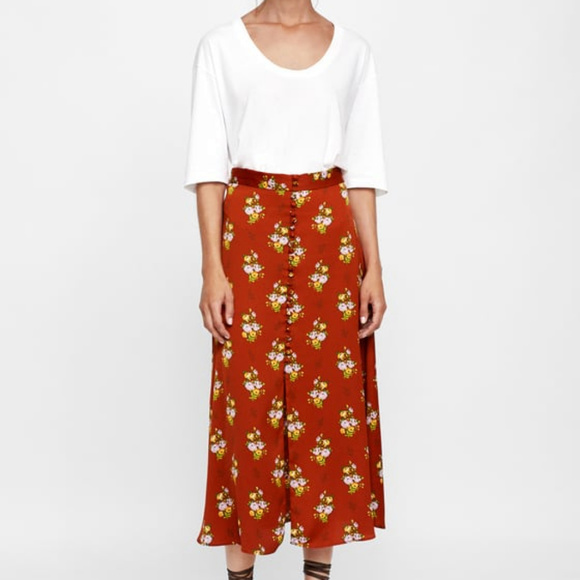 zara red floral midi skirt